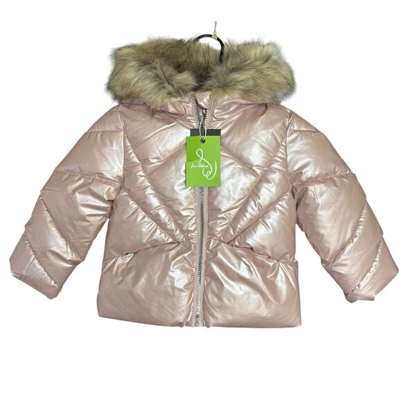 SAM EDELMAN METALLIC SUNBEAM QUILT PUFFER JACKET 3T Faux Fur Pink Girls NWT - Picture 1 of 10